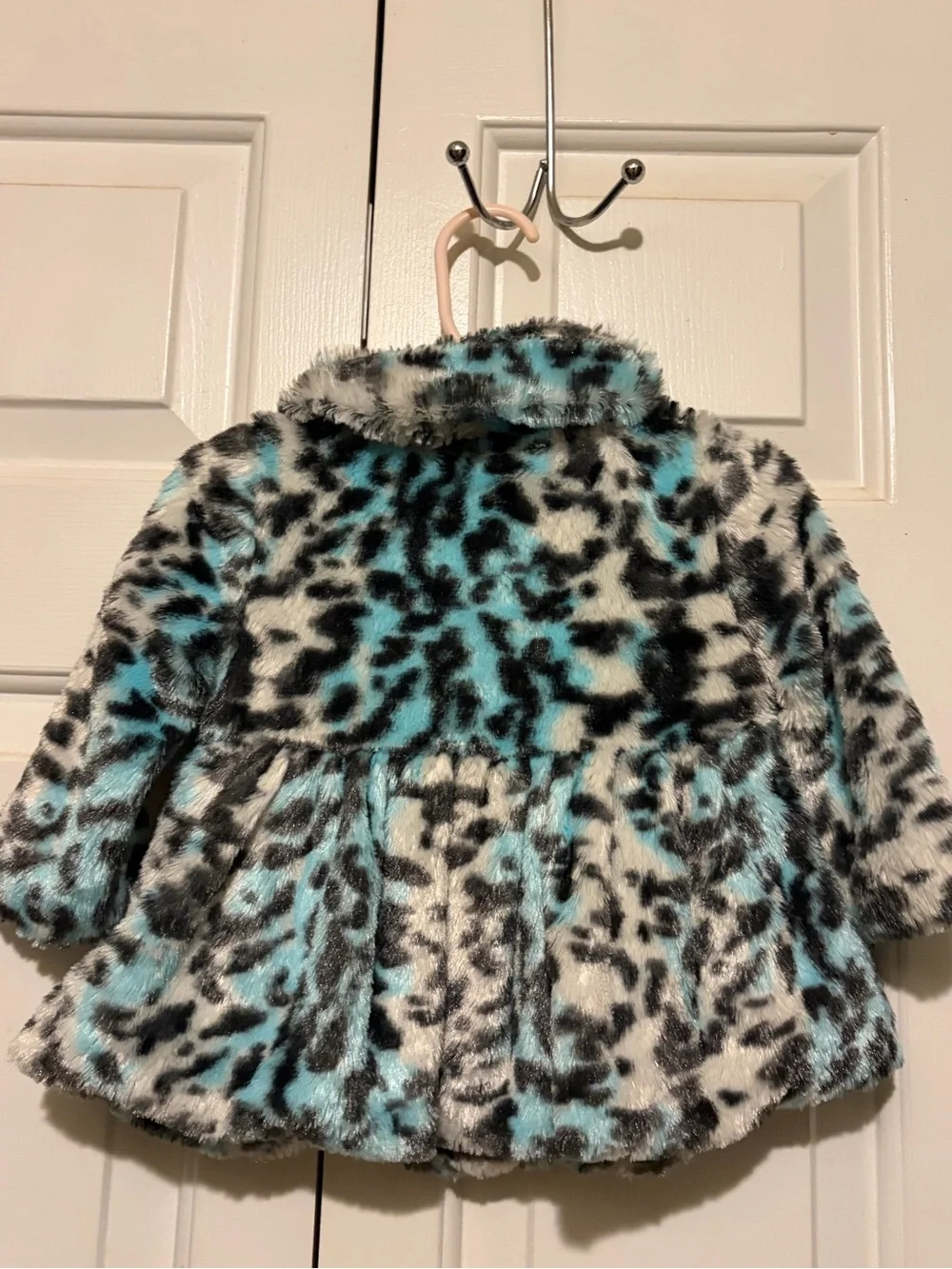 Little Lass Aqua and Black Faux-Fur Leopard Toddler Pea Coat